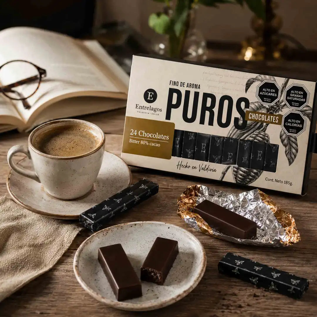Chocolate Entrelagos Puros 80% cacao en formato de 24 barritas individuales, caja de 185 g hecha en Valdivia