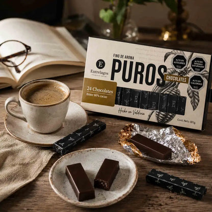 Chocolate Entrelagos Puros 80% cacao en formato de 24 barritas individuales, caja de 185 g hecha en Valdivia