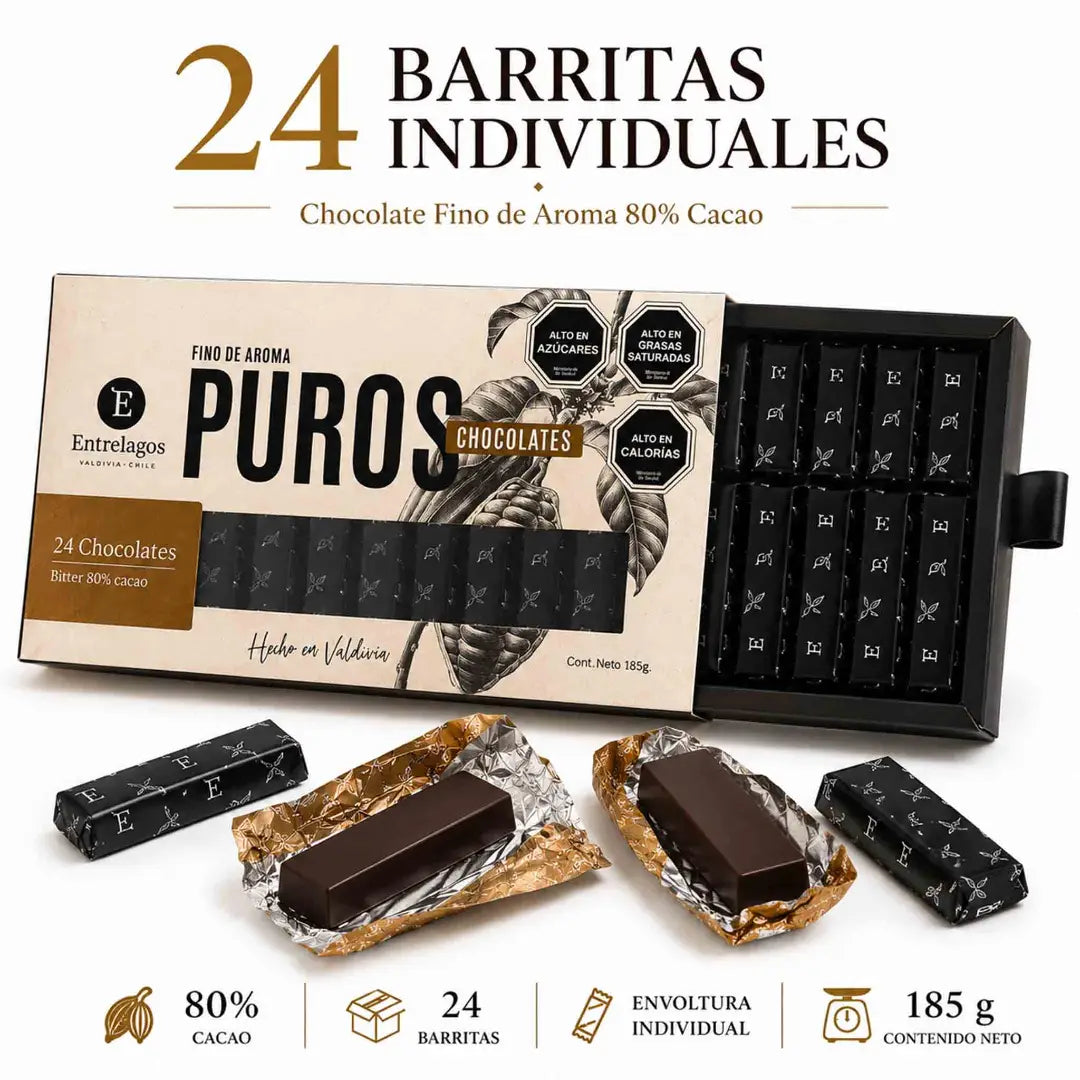 Chocolate Entrelagos Puros 80% cacao en formato de 24 barritas individuales, caja de 185 g hecha en Valdivia