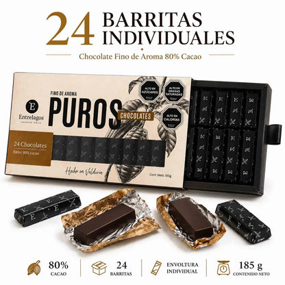 Chocolate Entrelagos Puros 80% cacao en formato de 24 barritas individuales, caja de 185 g hecha en Valdivia