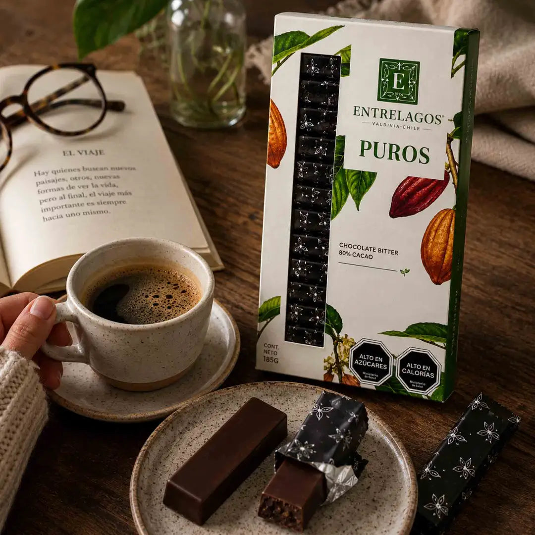 Chocolate Entrelagos Puros Bitter 80% cacao vegano en caja de 185 g con presentación individual