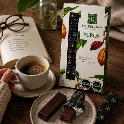 Chocolate Entrelagos Puros Bitter 80% cacao vegano en caja de 185 g con presentación individual