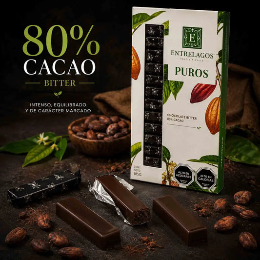 Chocolate Entrelagos Puros Bitter 80% cacao vegano en caja de 185 g con presentación individual