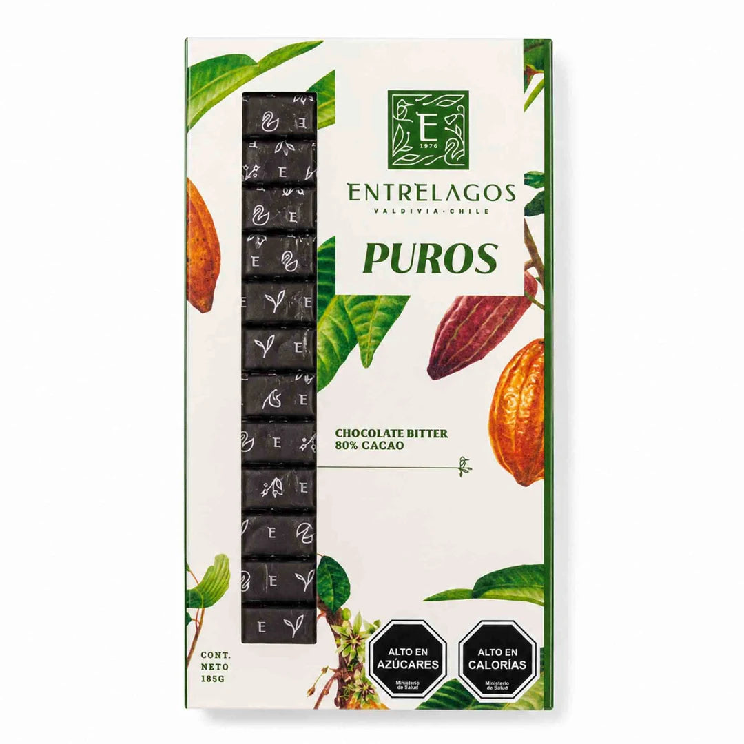 Chocolate Entrelagos Puros Bitter 80% cacao vegano en caja de 185 g con presentación individual