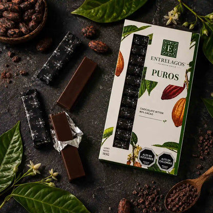 Chocolate Entrelagos Puros Bitter 80% cacao vegano en caja de 185 g con presentación individual