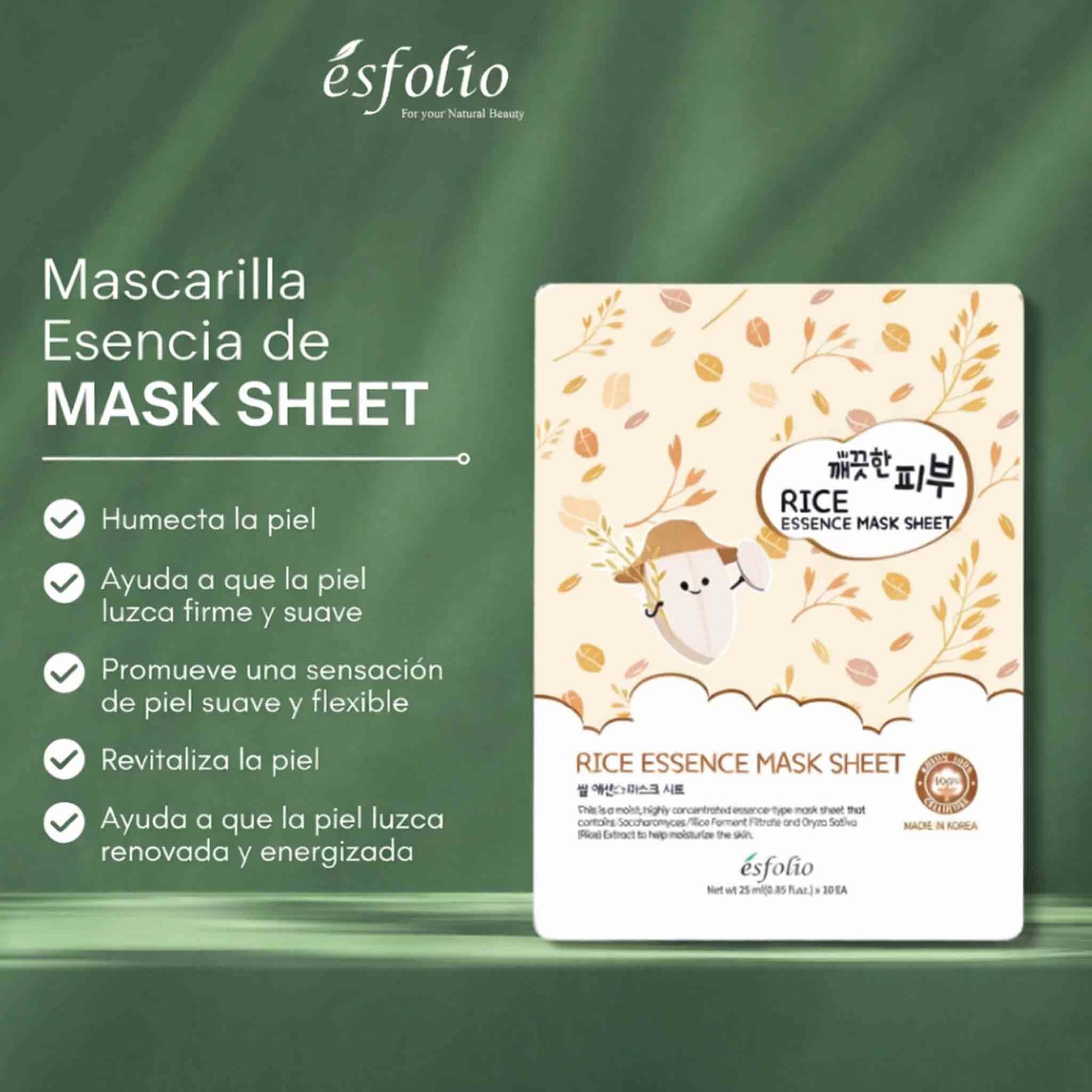 Mascarilla facial Esfolio Rice Essence Mask Sheet con extracto de arroz hidratante pack cuidado de la piel coreano