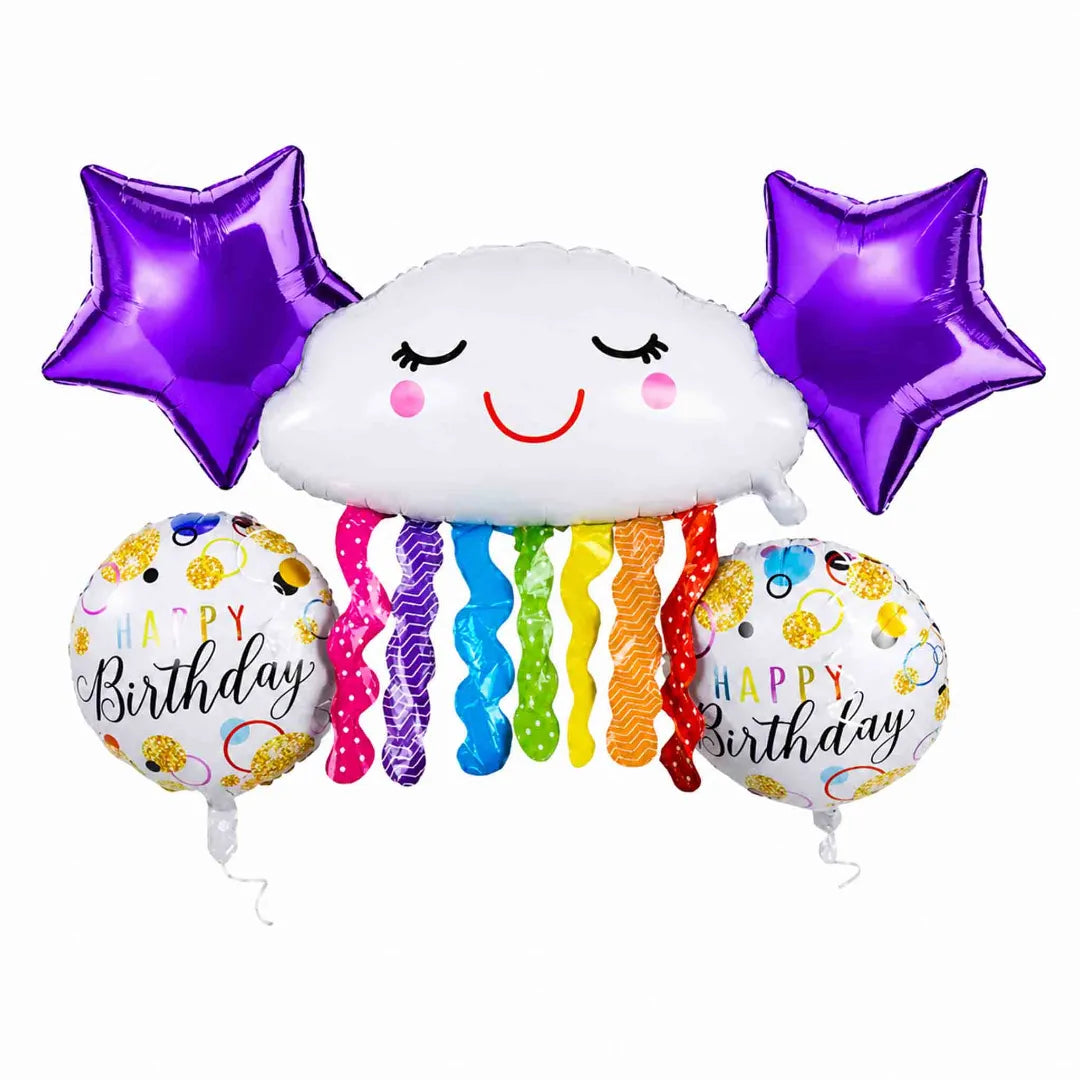 Bouquet de globos metalizados Palms para cumpleaños, diseño arcoíris con nube, estrellas moradas y globos Happy Birthday.