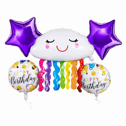 Bouquet de globos metalizados Palms para cumpleaños, diseño arcoíris con nube, estrellas moradas y globos Happy Birthday.