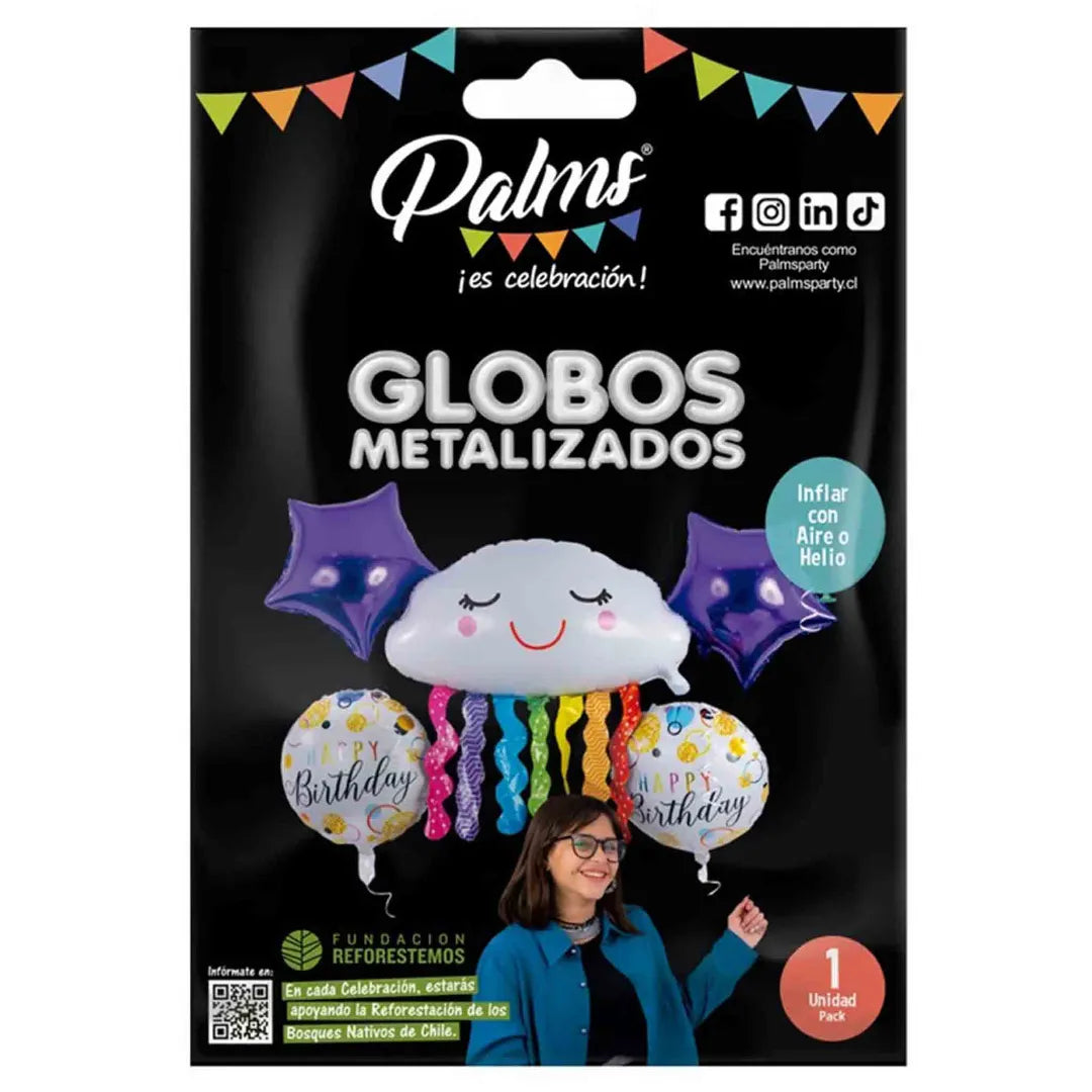 Bouquet de globos metalizados Palms para cumpleaños, diseño arcoíris con nube, estrellas moradas y globos Happy Birthday.