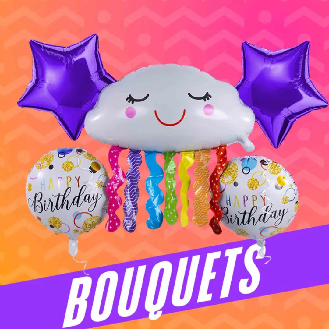 Bouquet de globos metalizados Palms para cumpleaños, diseño arcoíris con nube, estrellas moradas y globos Happy Birthday.