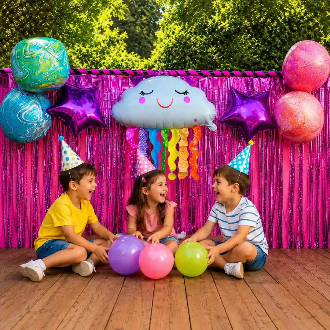 Bouquet de globos metalizados Palms para cumpleaños, diseño arcoíris con nube, estrellas moradas y globos Happy Birthday.