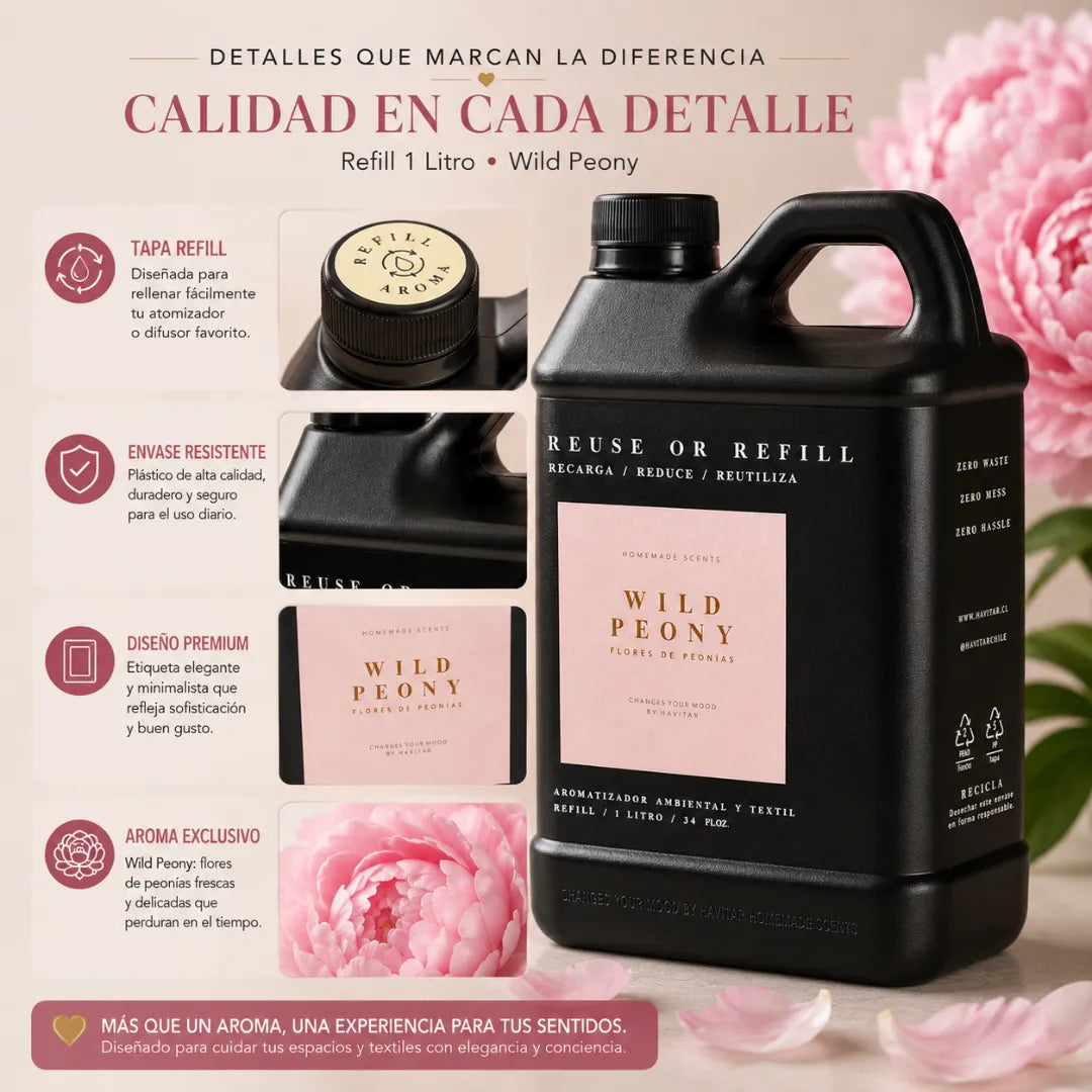 Refill aromatizador Havitar Wild Peony de 1 litro para ambientes y textiles con aroma floral fresco.