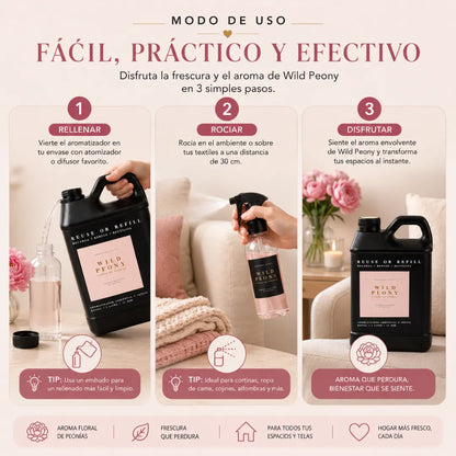Refill aromatizador Havitar Wild Peony de 1 litro para ambientes y textiles con aroma floral fresco.