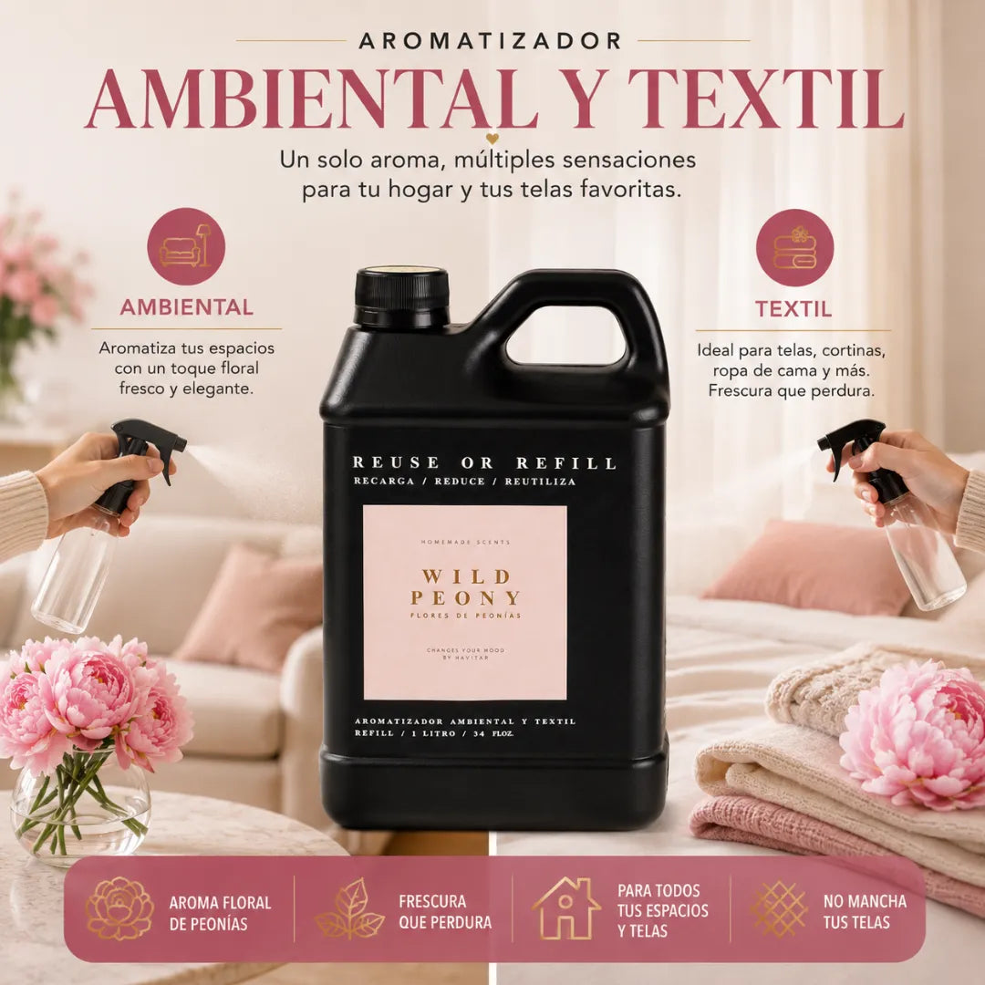 Refill aromatizador Havitar Wild Peony de 1 litro para ambientes y textiles con aroma floral fresco.