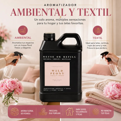 Refill aromatizador Havitar Wild Peony de 1 litro para ambientes y textiles con aroma floral fresco.