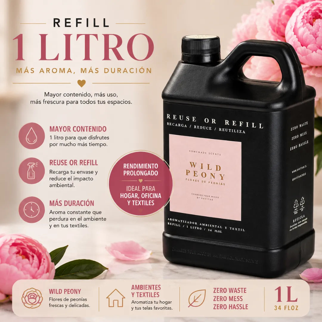 Refill aromatizador Havitar Wild Peony de 1 litro para ambientes y textiles con aroma floral fresco.