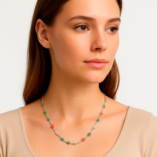 Collar de Plata 925 Flores Esmaltadas Multicolor – 62 cm / 10,25 g IMAGEN FUTURA- Dermocosmetica_belleza_online
