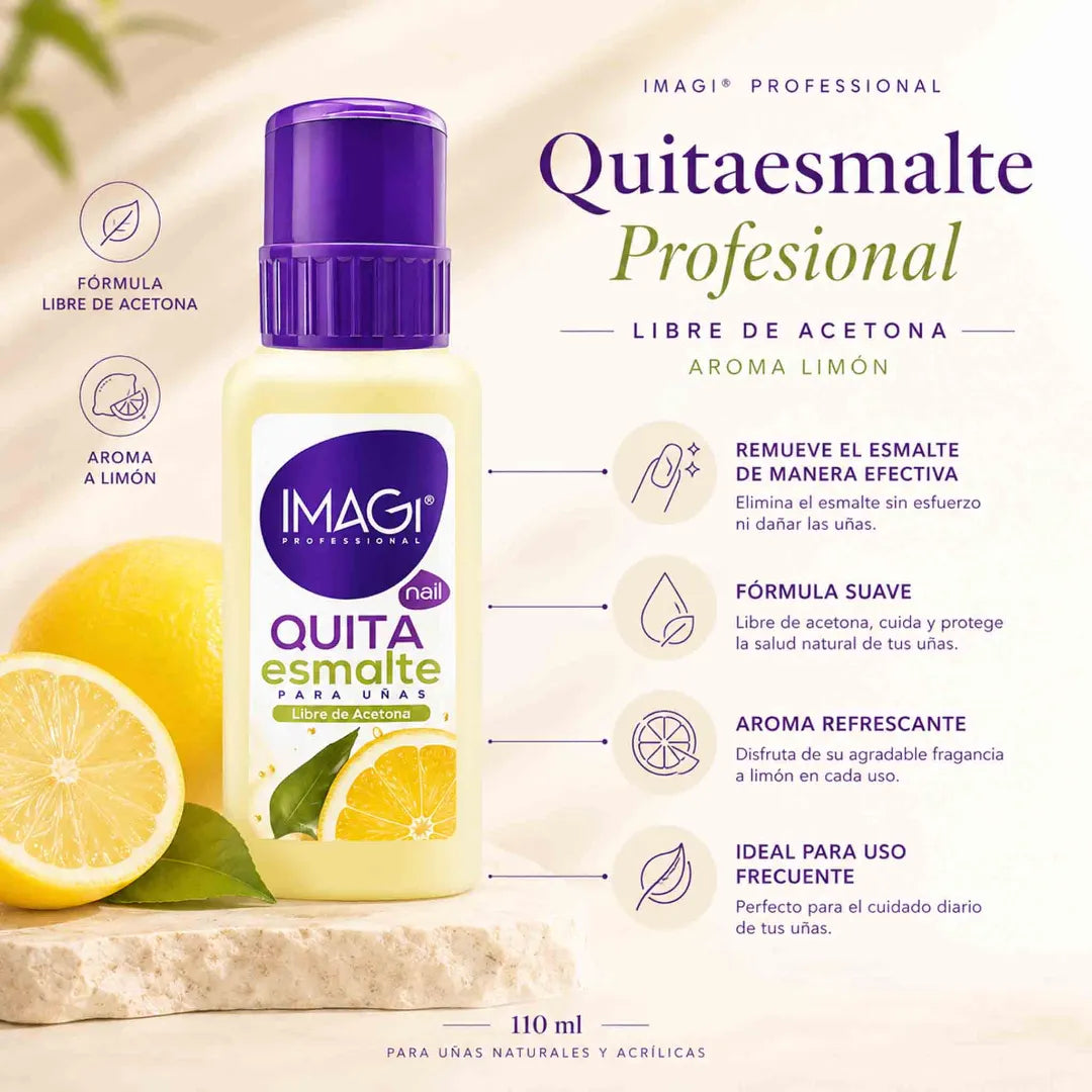 Quitaesmalte Imagi Profesional 110 ml libre de acetona aroma limón para uñas naturales y acrílicas con fórmula suave y removedor efectivo de esmalte.