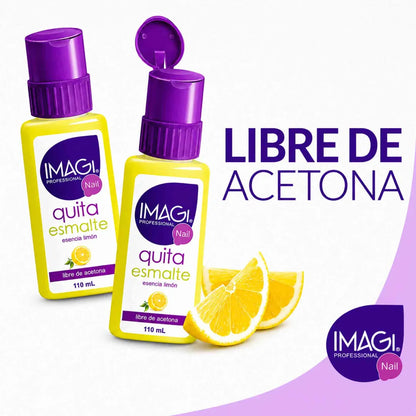 Quitaesmalte Imagi Profesional 110 ml libre de acetona aroma limón para uñas naturales y acrílicas con fórmula suave y removedor efectivo de esmalte.