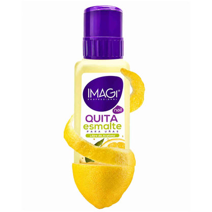 Quitaesmalte Imagi Profesional 110 ml libre de acetona aroma limón para uñas naturales y acrílicas con fórmula suave y removedor efectivo de esmalte