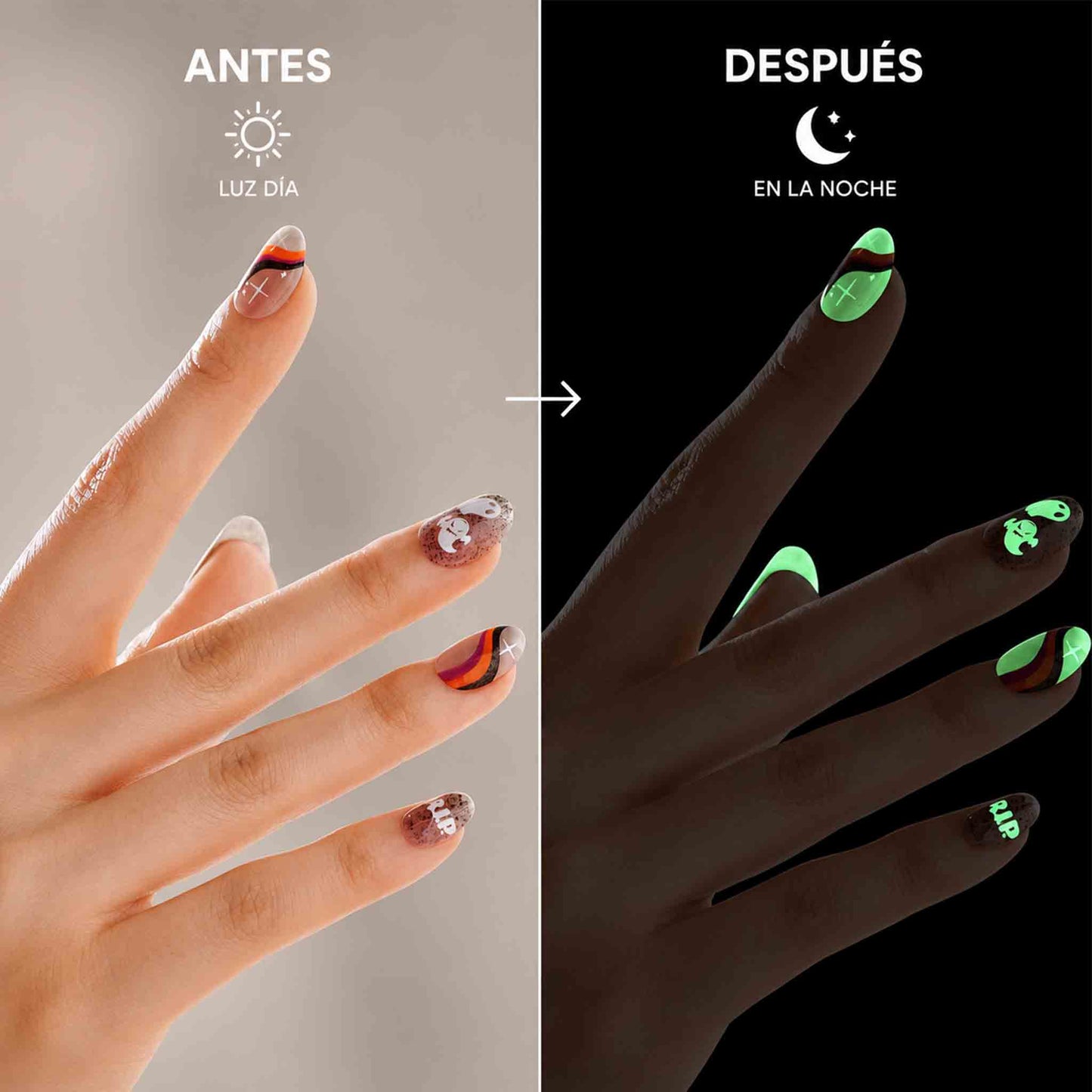 Uñas postizas imPRESS Glow in the Dark que brillan en la noche, adhesivas sin pegamento y formato short de 30 unidades.