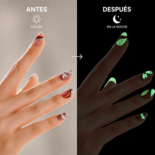 Uñas postizas imPRESS Glow in the Dark que brillan en la noche, adhesivas sin pegamento y formato short de 30 unidades.