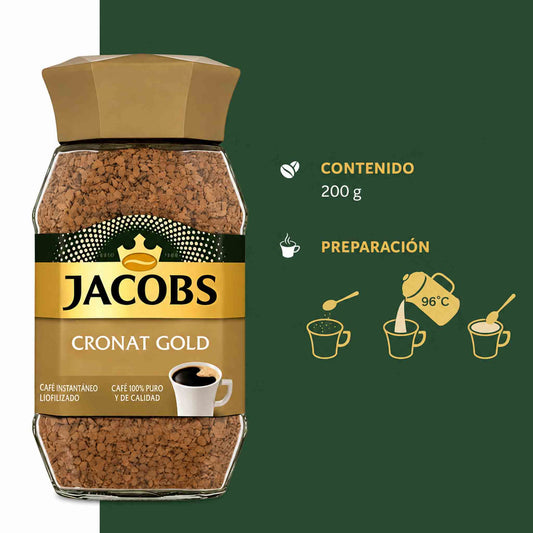 Frasco de café instantáneo Jacobs Cronat Gold de 200 g con granulado soluble y tapa dorada