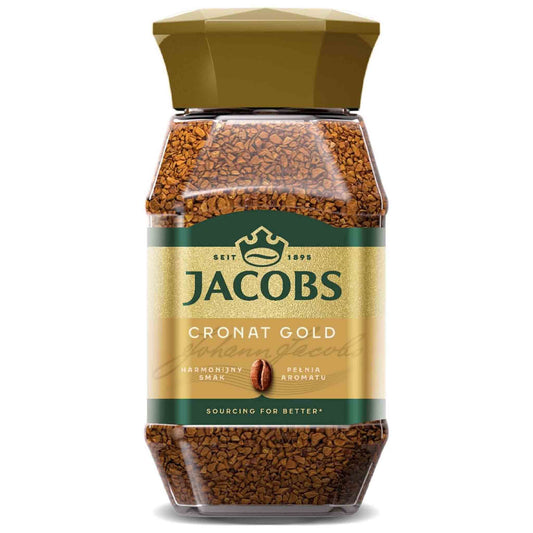Frasco de café instantáneo Jacobs Cronat Gold de 200 g con granulado soluble y tapa dorada