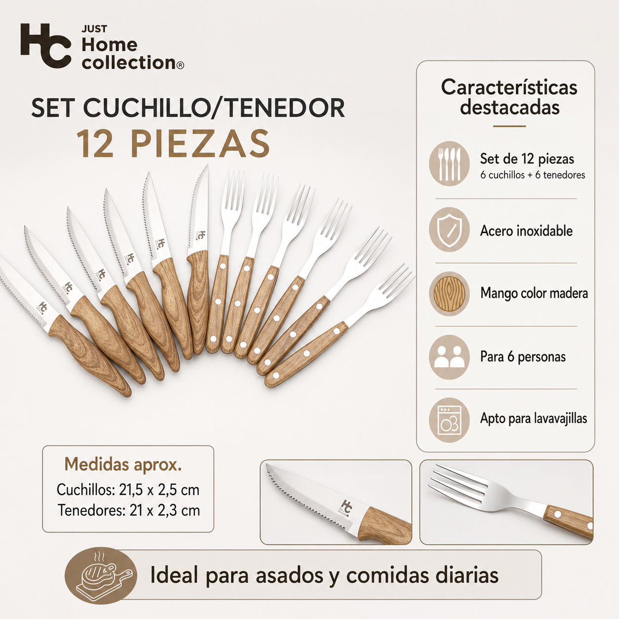 Set de cuchillos y tenedores Just Home Collection 12 piezas con mango café de acabado tipo madera.
