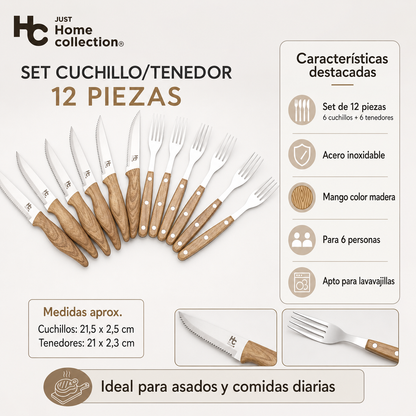 Set de cuchillos y tenedores Just Home Collection 12 piezas con mango café de acabado tipo madera.