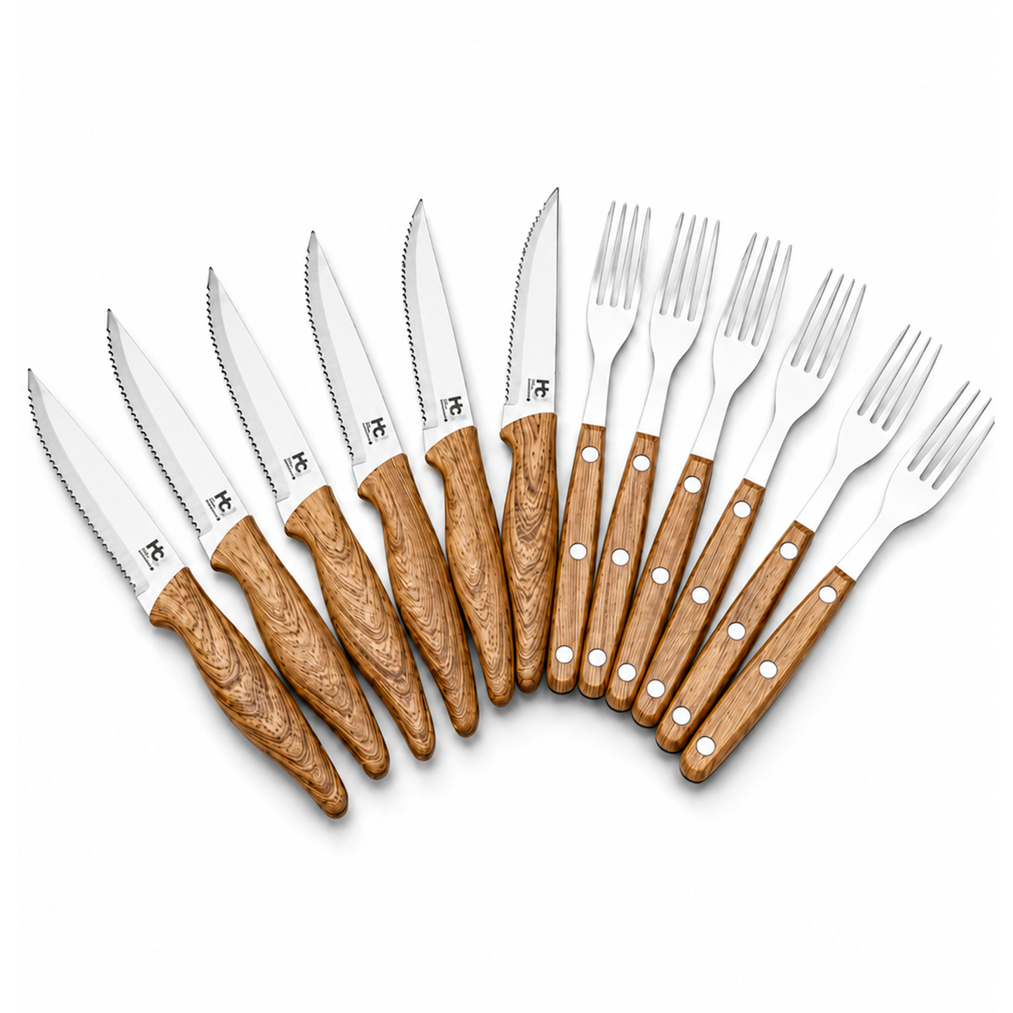 Set de cuchillos y tenedores Just Home Collection 12 piezas con mango café de acabado tipo madera.