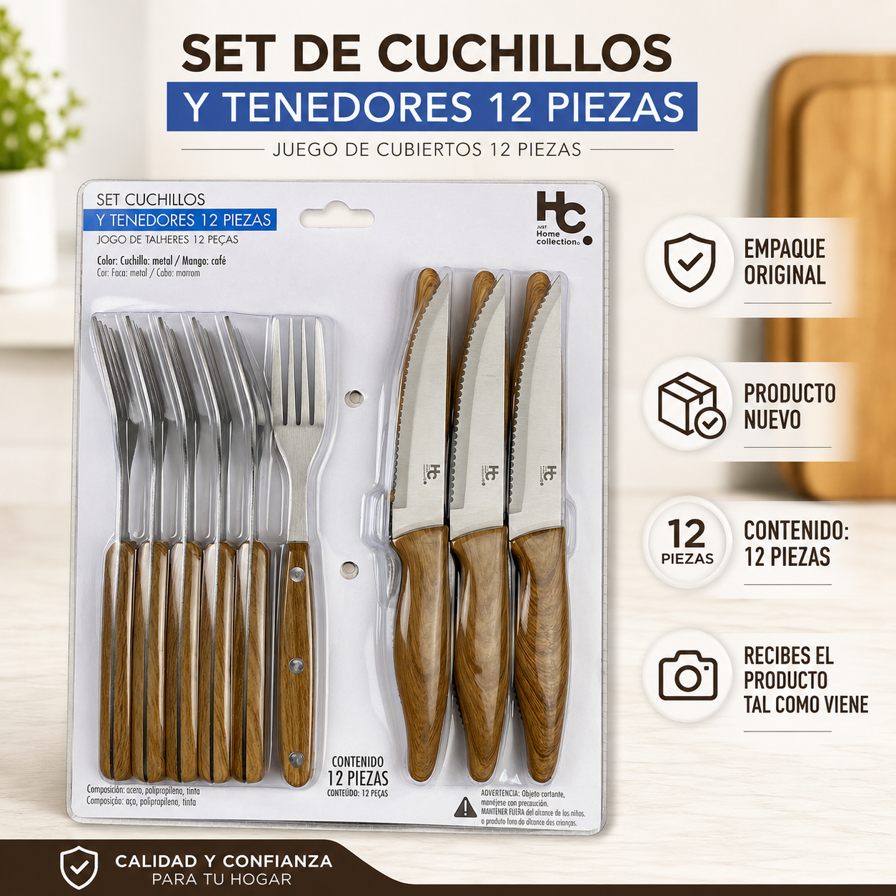 Set de cuchillos y tenedores Just Home Collection 12 piezas con mango café de acabado tipo madera.