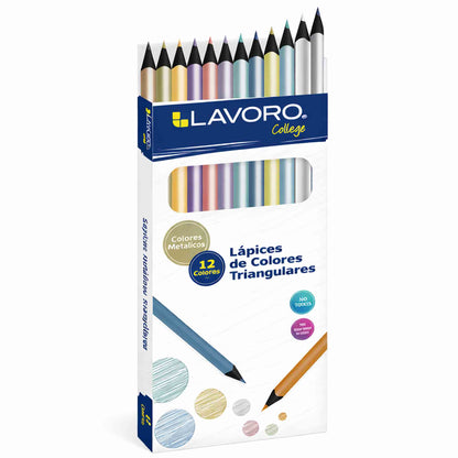 Lápices Metálicos Lavoro 12 Colores Triangulares Brillantes