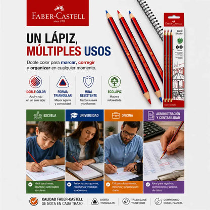 Pack de 3 lápices bicolor Faber-Castell 737T azul y rojo, con diseño triangular y madera de reforestación.