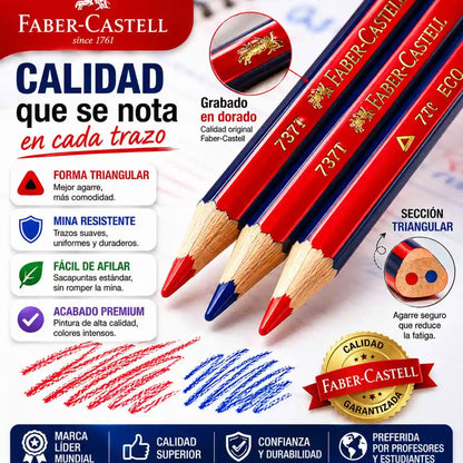 Pack de 3 lápices bicolor Faber-Castell 737T azul y rojo, con diseño triangular y madera de reforestación.