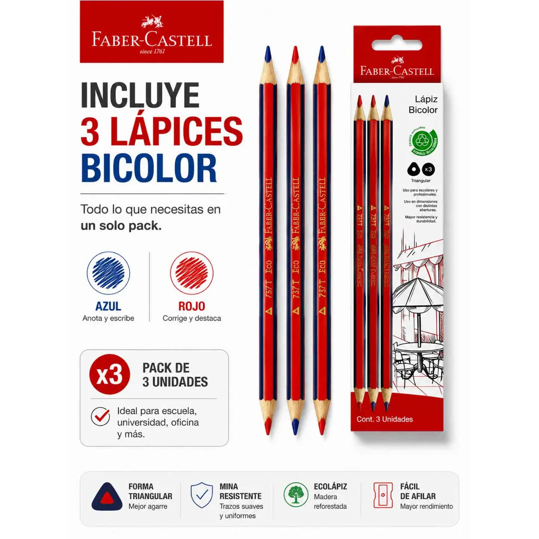 Pack de 3 lápices bicolor Faber-Castell 737T azul y rojo, con diseño triangular y madera de reforestación.