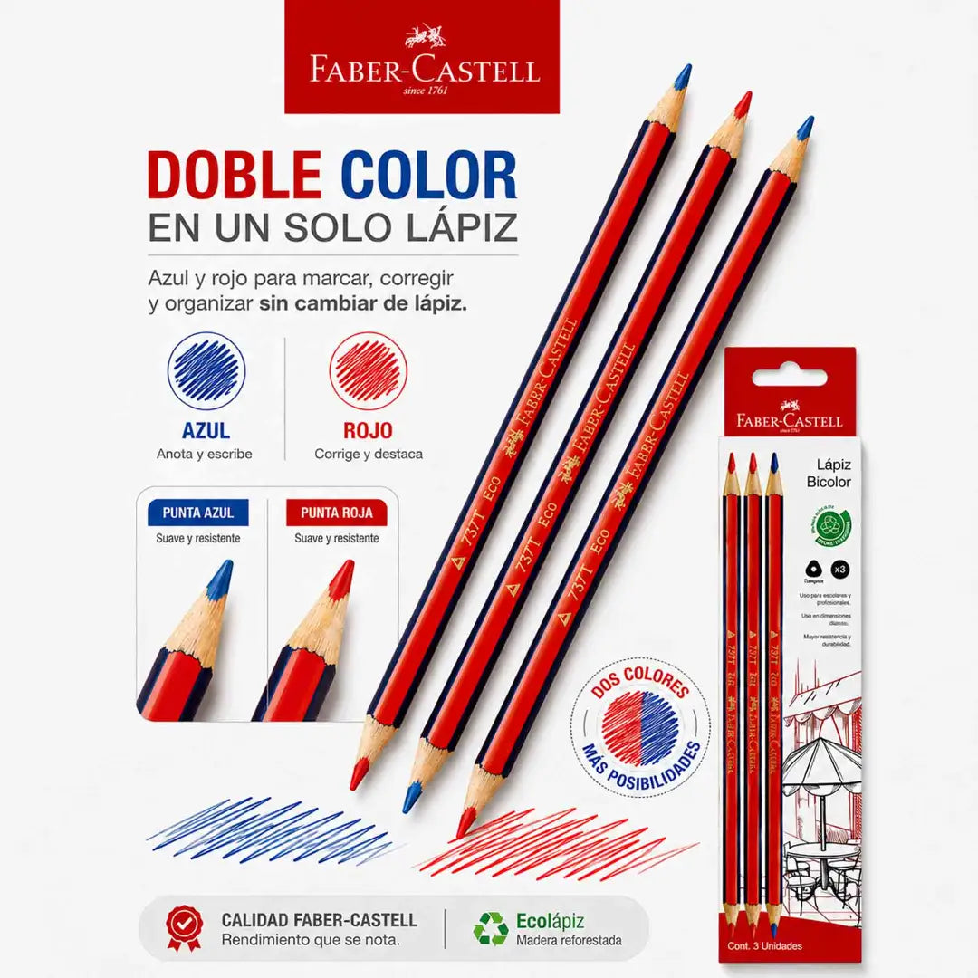 Pack de 3 lápices bicolor Faber-Castell 737T azul y rojo, con diseño triangular y madera de reforestación.