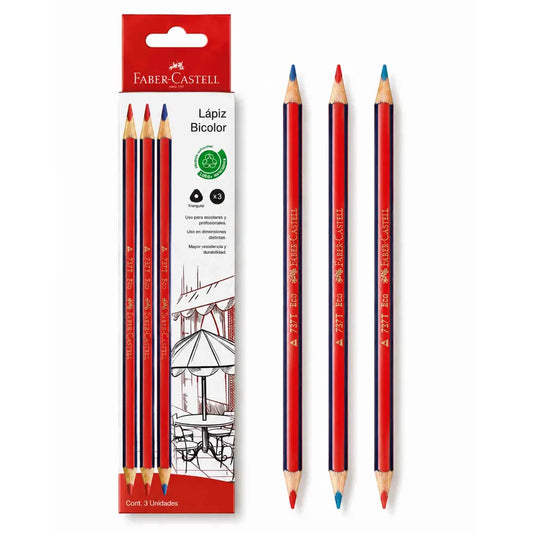 Pack de 3 lápices bicolor Faber-Castell 737T azul y rojo, con diseño triangular y madera de reforestación.