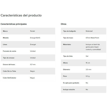 Lapiz Pentel Energel Kuro Bolígrafo De Gel Líquido 07 Tinta Negra PENTEL- Dermocosmetica_belleza_online