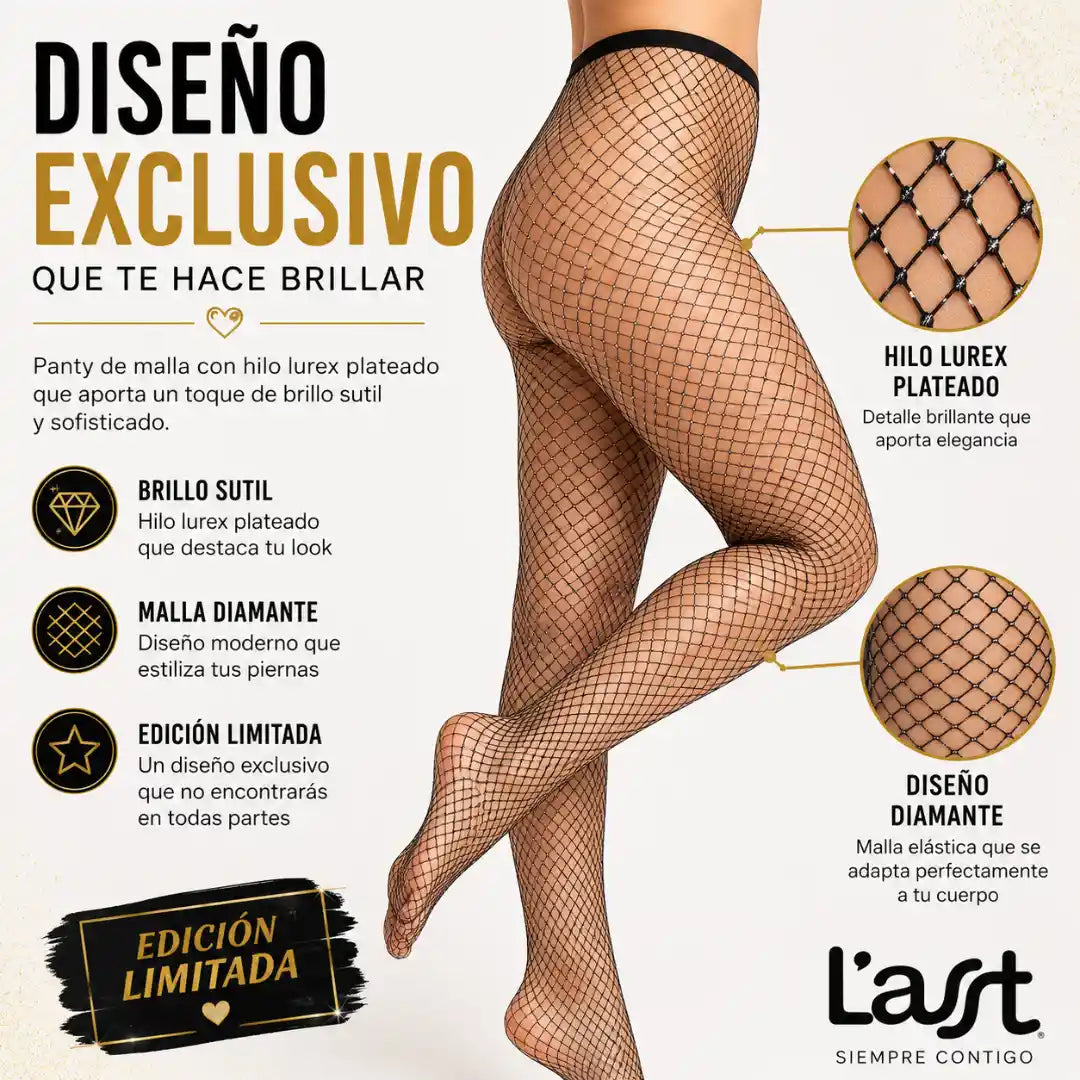 Panty Lasst Rette Lurex Silver negra con diseño de red brillante, edición limitada y talla única.