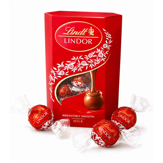 Caja roja de bombones Lindt Lindor Leche 75 g con chocolates envueltos individualmente.