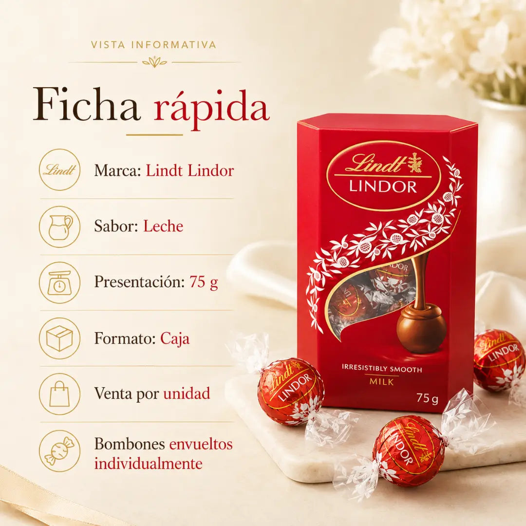 Caja roja de bombones Lindt Lindor Leche 75 g con chocolates envueltos individualmente.