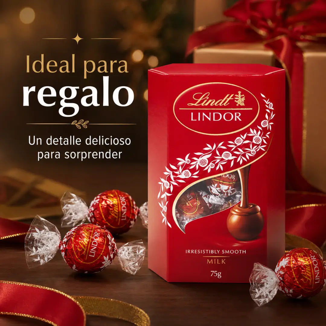 Caja roja de bombones Lindt Lindor Leche 75 g con chocolates envueltos individualmente.