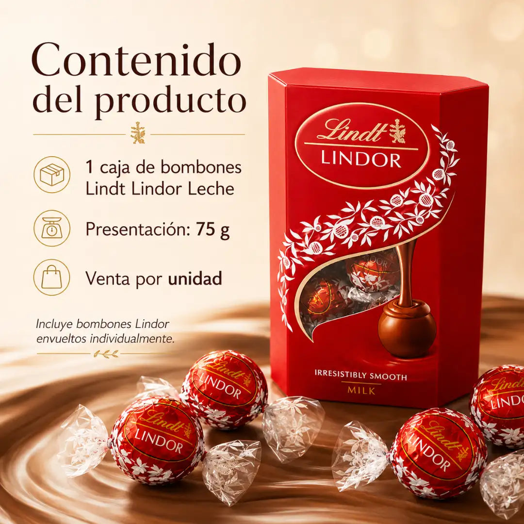 Caja roja de bombones Lindt Lindor Leche 75 g con chocolates envueltos individualmente.