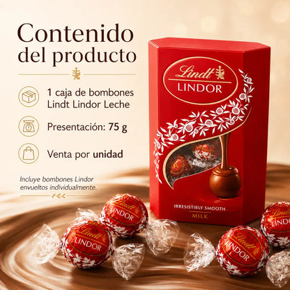 Caja roja de bombones Lindt Lindor Leche 75 g con chocolates envueltos individualmente.