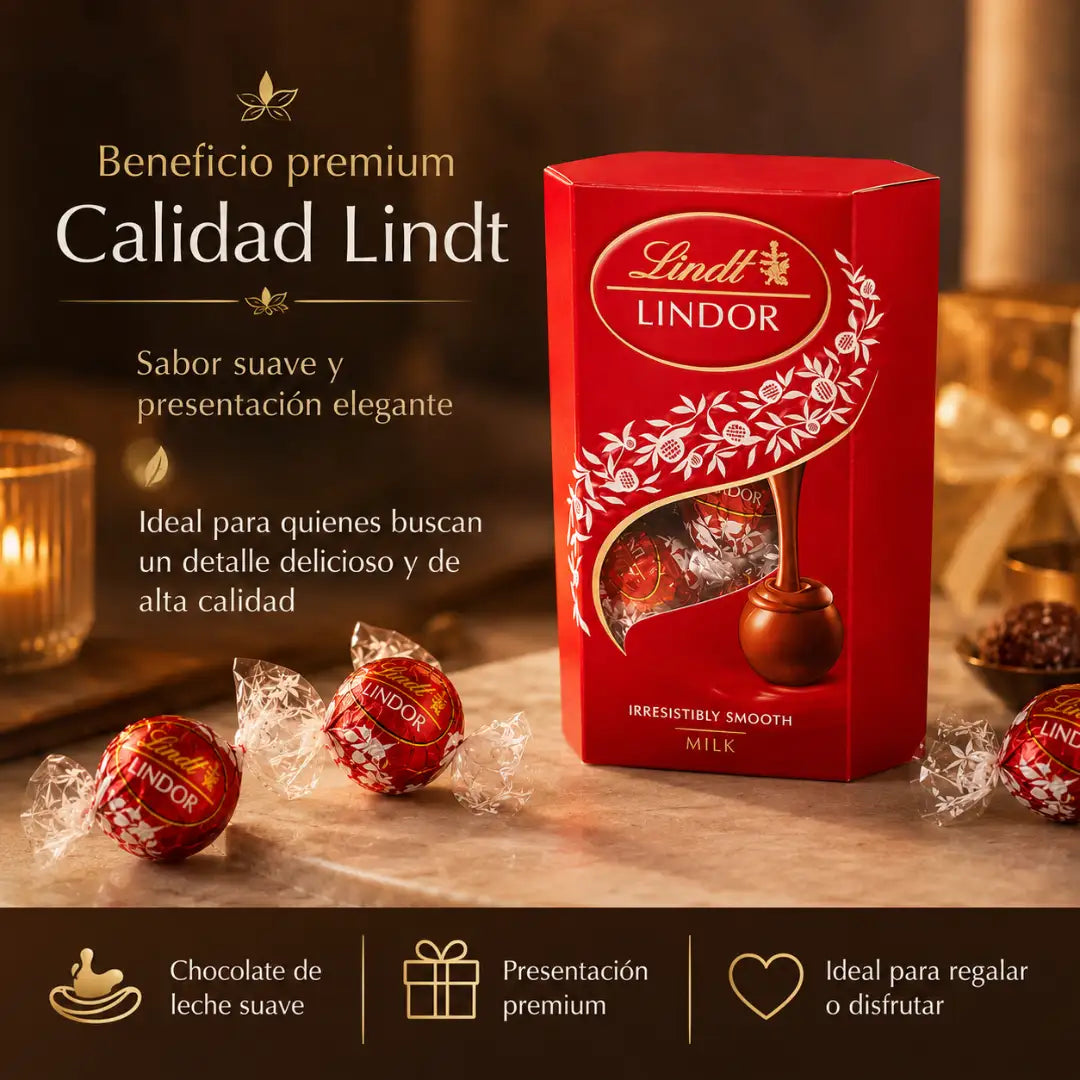 Caja roja de bombones Lindt Lindor Leche 75 g con chocolates envueltos individualmente.