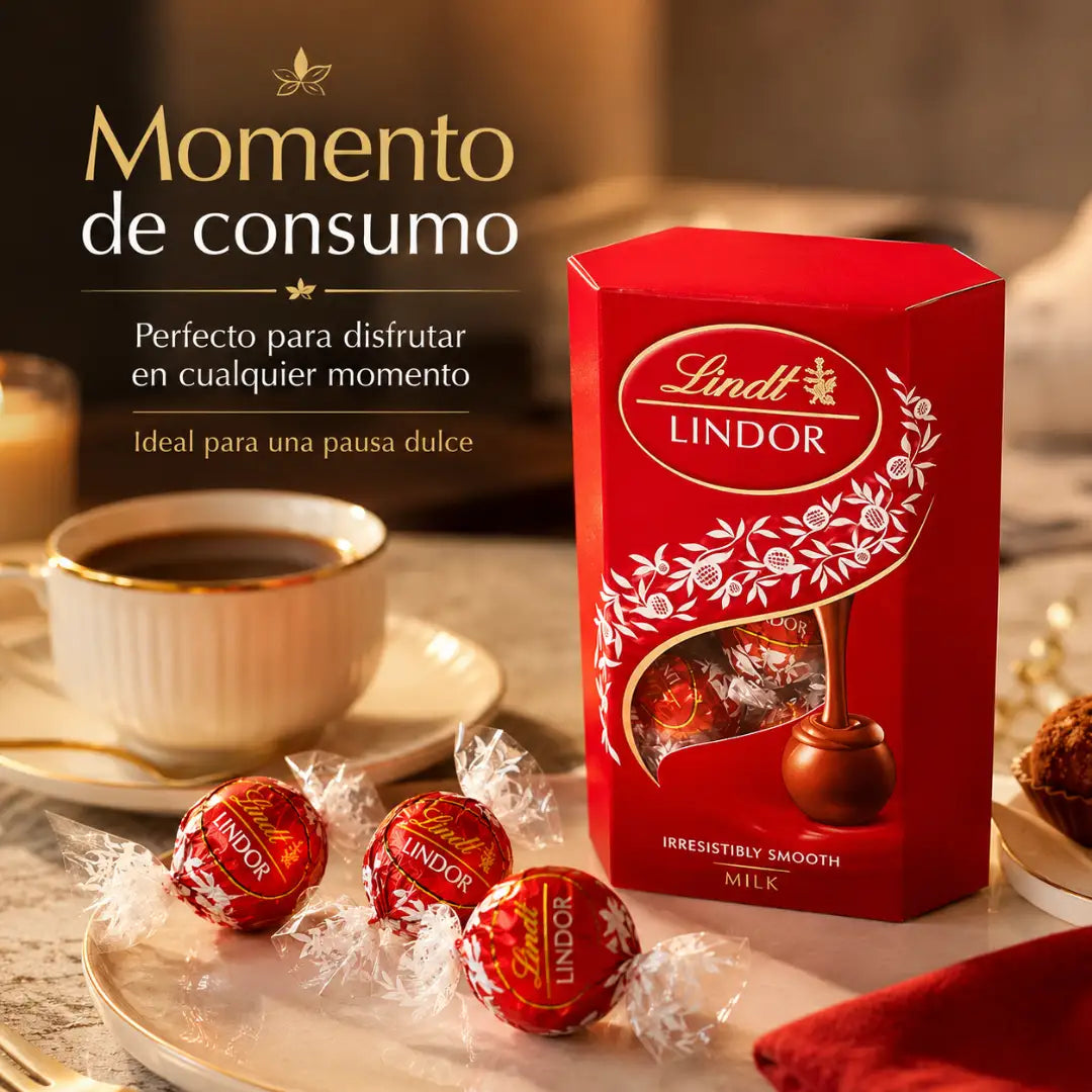 Caja roja de bombones Lindt Lindor Leche 75 g con chocolates envueltos individualmente.