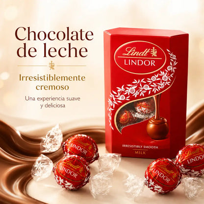 Caja roja de bombones Lindt Lindor Leche 75 g con chocolates envueltos individualmente.