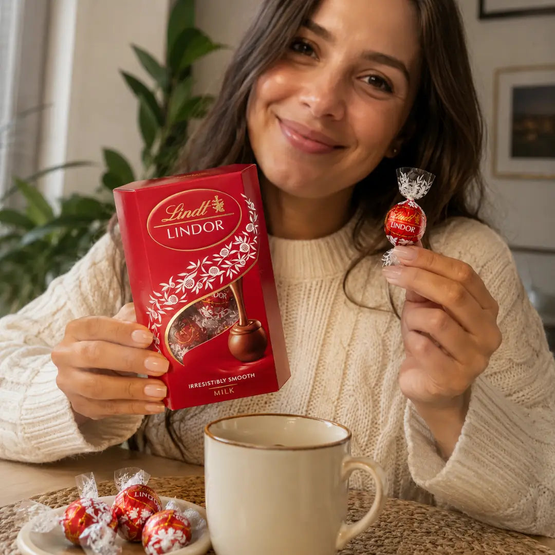 Caja roja de bombones Lindt Lindor Leche 75 g con chocolates envueltos individualmente.
