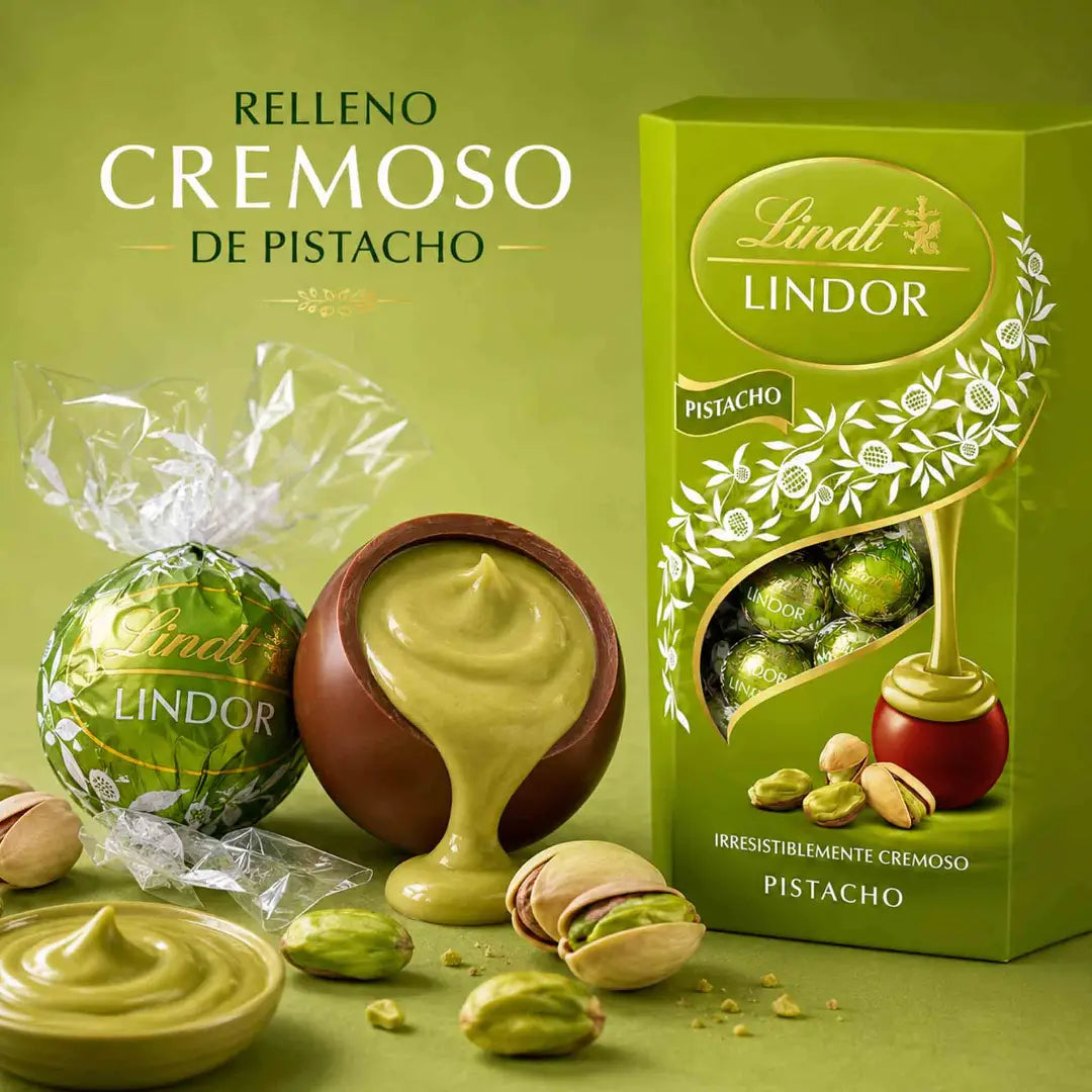 Bombones Lindt Lindor Pistacho en caja de 200 g con chocolate con leche y relleno cremoso de pistacho